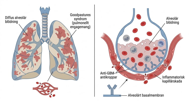 Lungvävnad med utbredd bilateral alveolär blödning vid Goodpastures syndrom.