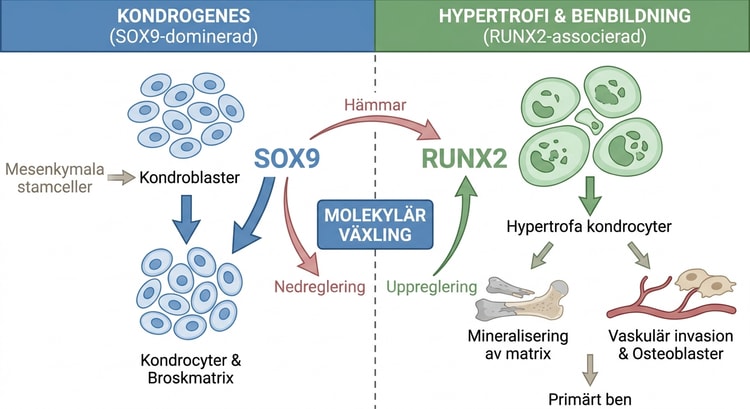 Schema över SOX9- och RUNX2-reglering under endokondral ossifikation.