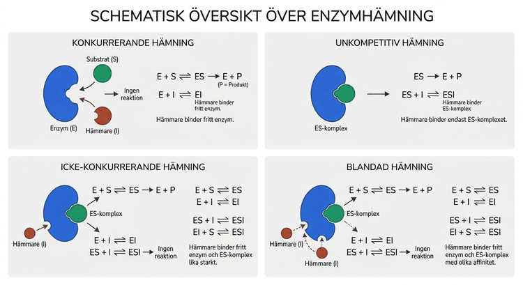 Schematisk översikt över konkurrerande, unkompetitiv, icke-konkurrerande och blandad enzymhämning