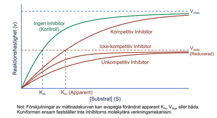 Mättnadskurvor för enzymreaktion under olika inhibitorbetingelser