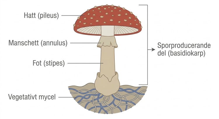 Röd flugsvamp, Amanita muscaria, med hatt och fot