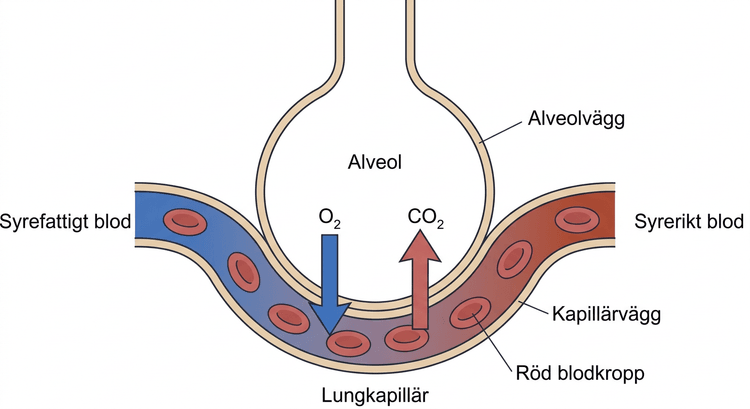 Schematisk alveol och lungkapillär med syrgasdiffusion till blodet och koldioxiddiffusion till alveolen.