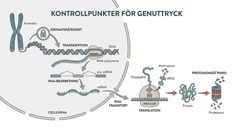 Kontrollpunkter för genuttryck från DNA via RNA till protein.