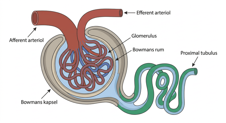 Schematisk bild av glomerulus och nefronets tubulära segment
