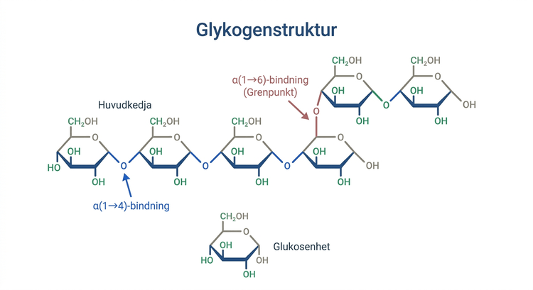 Strukturformler som visar alfa-1,4-bindningar i glykogenkedjan och alfa-1,6-bindningen vid en grenpunkt.