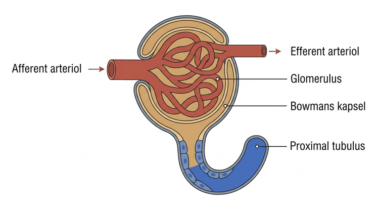 Anatomisk illustration av glomerulus med afferent och efferent arteriol