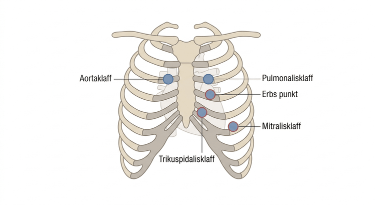 Bröstkorg med markerade auskultationsområden för aorta-, pulmonalis-, trikuspidalis- och mitralisklaff samt Erbs punkt.