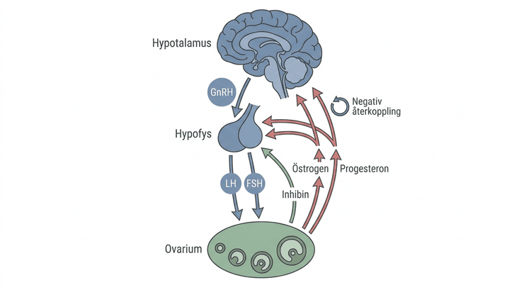 Schematisk bild av den kvinnliga HPG-axeln med hypotalamus, hypofys och ovarium.