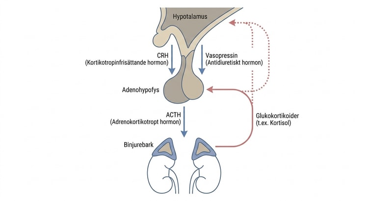 Schema över HPA-axeln med hypotalamus, adenohypofys och binjurebark