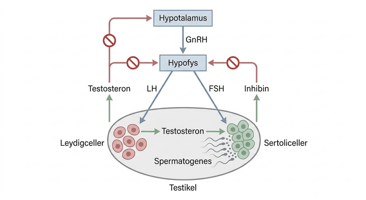Schematisk bild av testikelns HPG-axel och hormonell återkoppling.