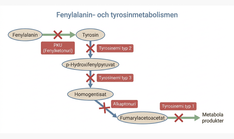 Fenylalanin- och tyrosinmetabolismen med enzymblock vid fenylketonuri, tyrosinemi och alkaptonuri.