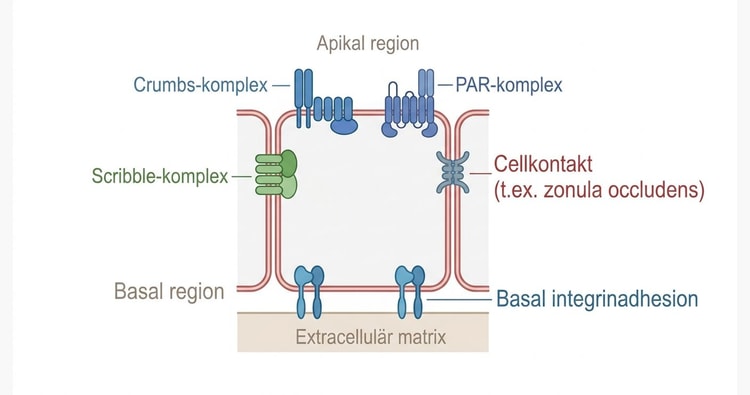 Schematisk epitelcell med apikala, laterala och basala polaritetskomplex samt cellkontakter.