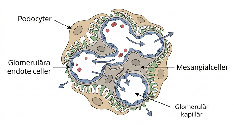 Schematisk bild av podocyter, glomerulära endotelceller och mesangialceller