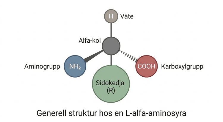 Generell struktur hos en L-alfa-aminosyra med alfa-kol, aminogrupp, karboxylgrupp, väte och R-grupp.