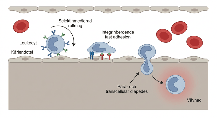 Schematisk bild av leukocytens rullning, adhesion och passage genom kärlendotelet.
