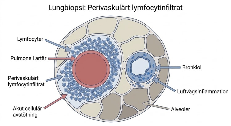 Lungbiopsi med perivaskulärt lymfocytinfiltrat efter lungtransplantation.