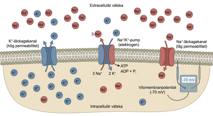 Schematisk bild av jonfördelning och vilomembranpotential