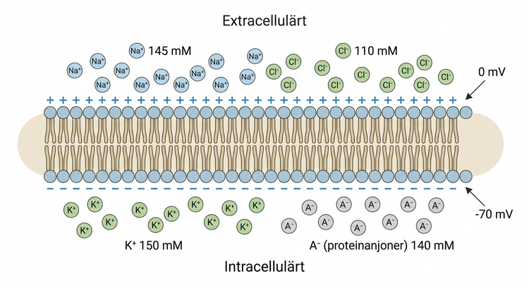 Jonkoncentrationer på cellmembranets båda sidor och deras bidrag till membranpotentialen