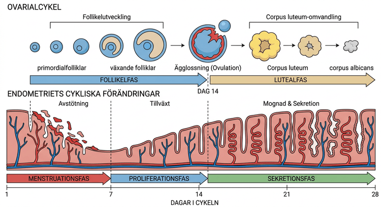 Diagram över follikelutveckling, ovulation, corpus luteum och endometriets cykliska förändringar