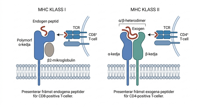 Schematisk jämförelse av MHC klass I och klass II