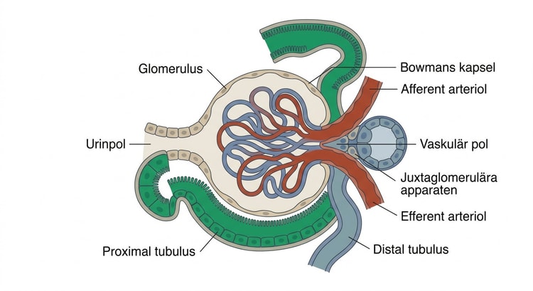 Histologisk bild av glomerulus och intilliggande proximala och distala tubuli