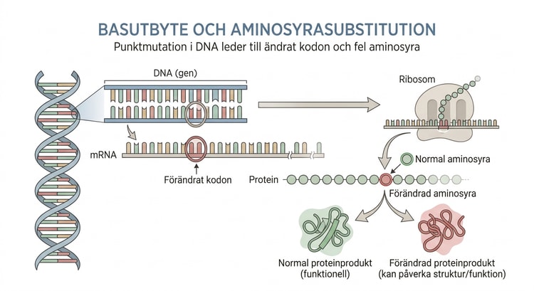 Basutbyte som leder till ett ändrat kodon och en aminosyrasubstitution