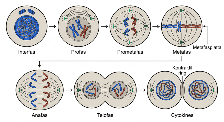 Schematisk bild av interfas, profas, prometafas, metafas, anafas, telofas och cytokines.