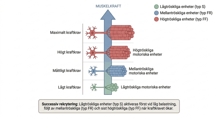 Schematisk illustration av successiv rekrytering av motoriska enheter när muskelkraften ökar