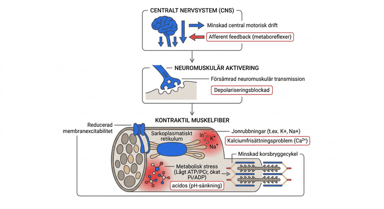 Schematisk illustration av centrala och perifera mekanismer vid muskeltrötthet