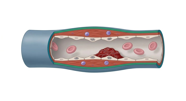 Uppskuren liten ven sedd inifrån, där den plana endotelcellsbeklädnaden syns som en rad avlånga celler och flera av dem rymmer täta klungor av små mörka bakterier. Kärlväggen bakom endotelet är förtjockad och rödfärgad med enstaka inflammatoriska celler, och mot den infekterade beklädnaden sitter en mörkröd tromb som buktar in i lumen mellan passerande erytrocyter.