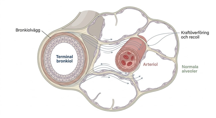 Histologisk bild av terminal bronkiol, intilliggande arteriol och normala alveoler