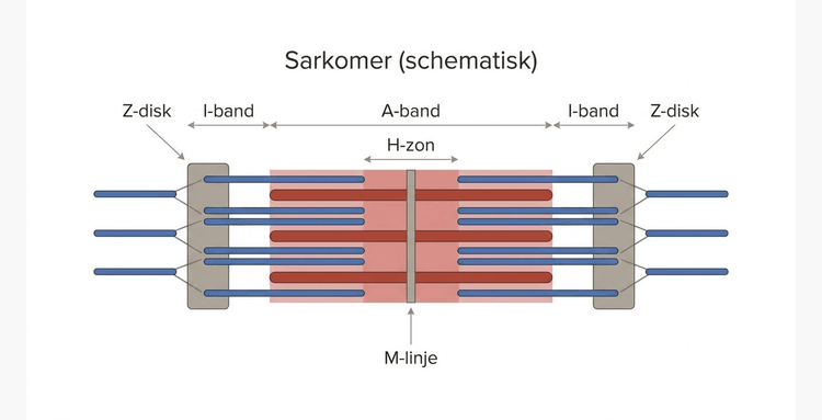 Schematisk sarkomer med tunna och tjocka filament, Z-diskar, A-band, I-band, H-zon och M-linje.