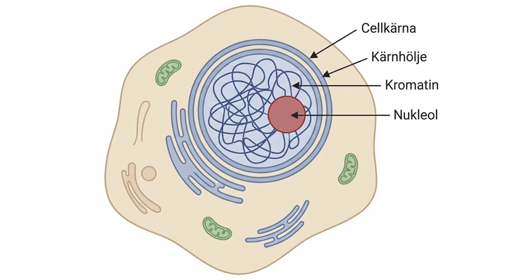 Schematisk djurcell med kärnhölje, kromatin och nukleol
