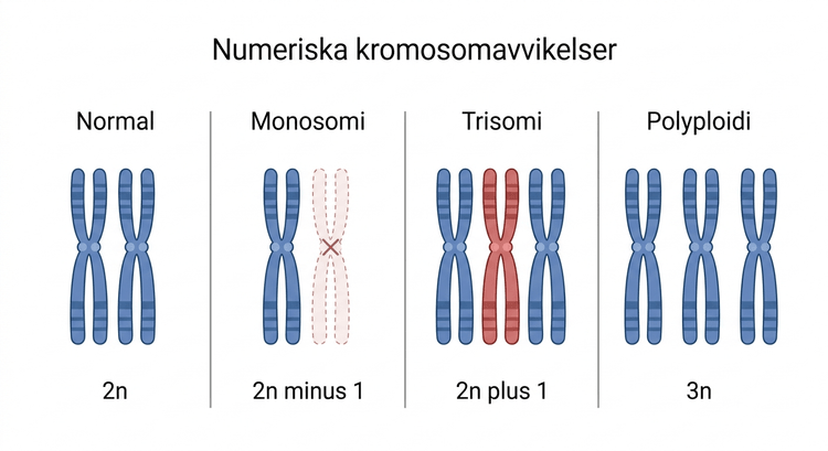 Schematisk jämförelse mellan normal kromosomuppsättning, monosomi, trisomi och polyploidi
