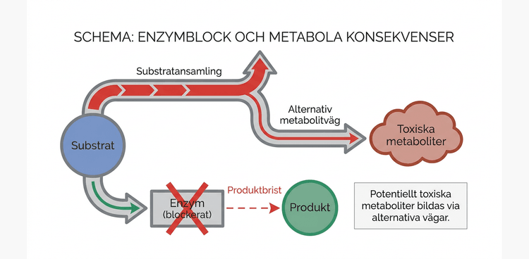 Schematisk framställning av ett enzymblock med substratansamling, produktbrist och alternativa metabolitvägar.