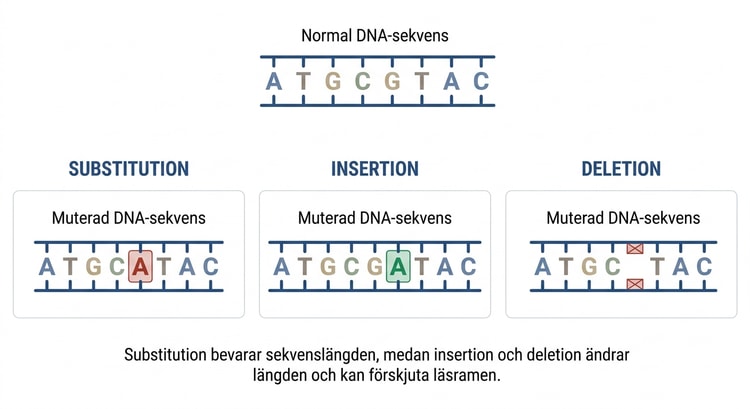Jämförelse mellan substitution, insertion och deletion i DNA