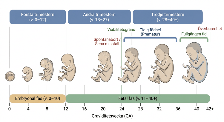 Tidsaxel över graviditetens trimestrar, embryonal och fetal utveckling, viabilitet och terminsgränser.