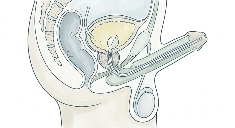 Sagittalsnitt genom manligt bäcken med kateterns väg genom penisuretra, bulbära uretra och prostata in i urinblåsan