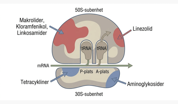 Schematisk karta över antibiotikaklassers bindningsställen på den bakteriella ribosomens 30S- och 50S-subenheter.