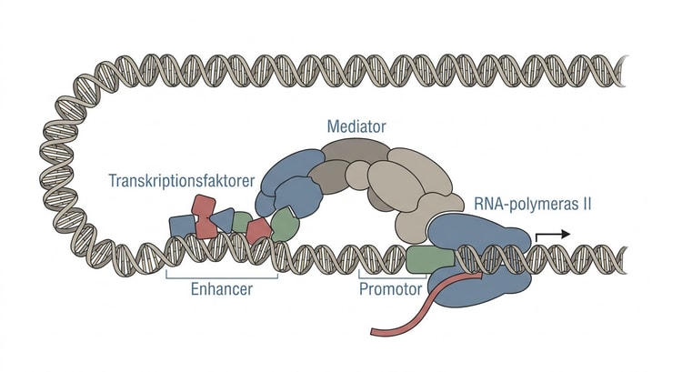 Mammalisk enhancer som genom en kromatinloop kontaktar en promotor med RNA-polymeras II