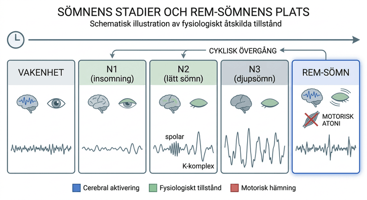 Schematisk illustration av skilda sömnlägen och REM-sömnens plats bland dessa