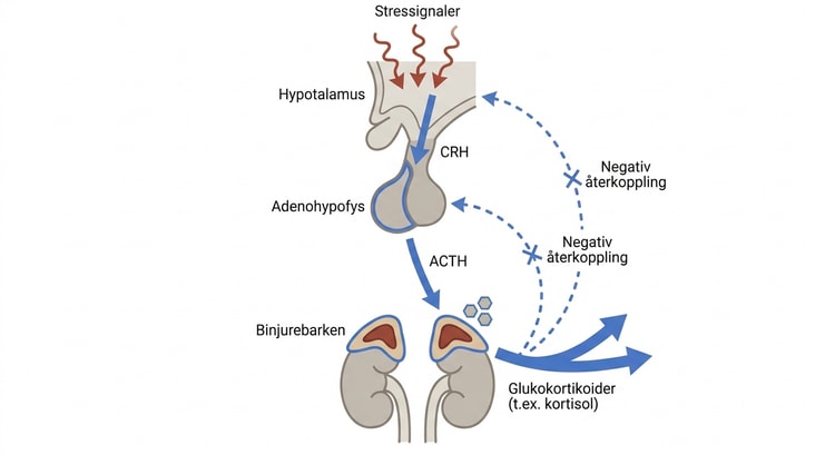 Schematisk bild av CRH-, ACTH- och glukokortikoidsignalering i HPA-axeln