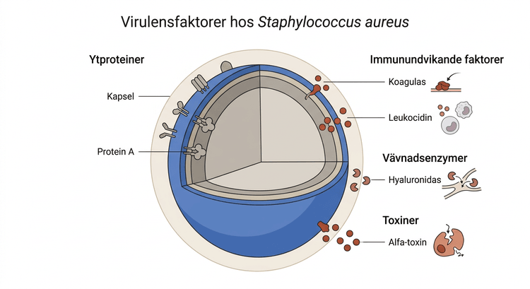 Schematisk översikt över virulensfaktorer hos Staphylococcus aureus.
