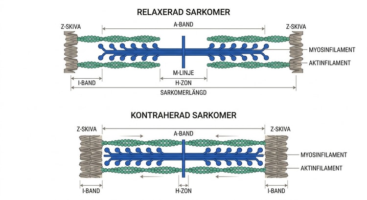 Jämförelse mellan relaxerad och kontraherad sarkomer med förändrad filamentöverlappning.