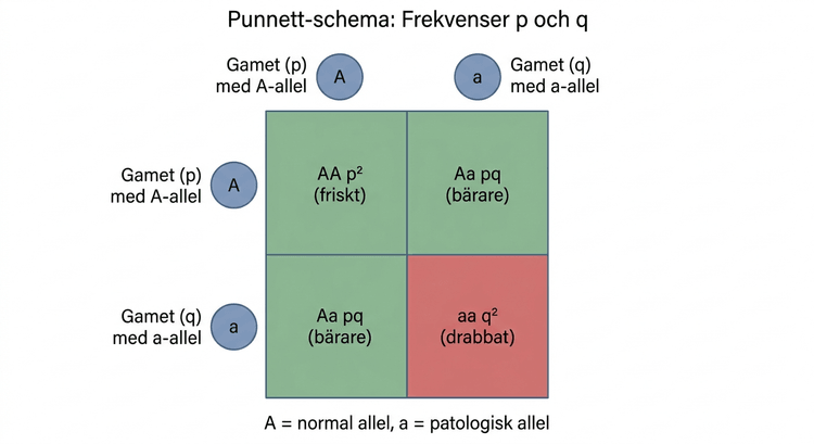 Punnett-schema med gametfrekvenserna p och q