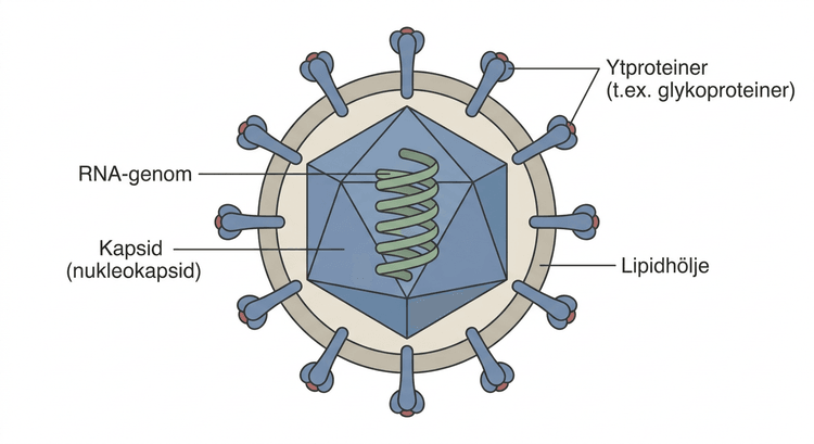 Schematisk virion med RNA-genom, kapsid och omgivande lipidhölje med ytproteiner.
