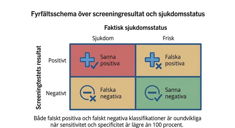 Fyrfältsschema över sanna positiva, falska positiva, sanna negativa och falska negativa screeningresultat.