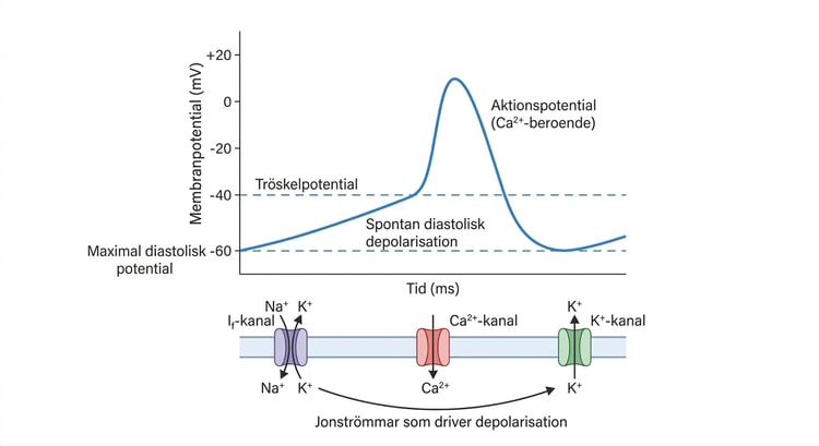 Sinusnodens aktionspotential med spontan diastolisk depolarisation och relevanta jonkanaler.