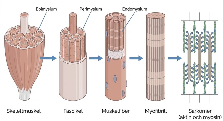 Schematisk illustration av skelettmuskelns hierarkiska organisation från hel muskel till kontraktila filament.