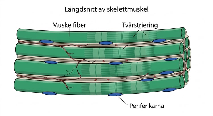 HPS-färgat längdsnitt av human skelettmuskel med parallella tvärstrierade muskelfibrer.